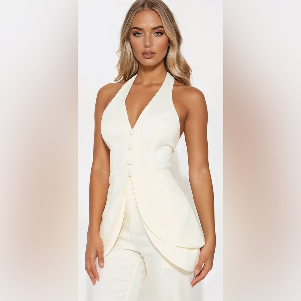 Fashion Nova Poppy Vest Flare Pant Set - Off White